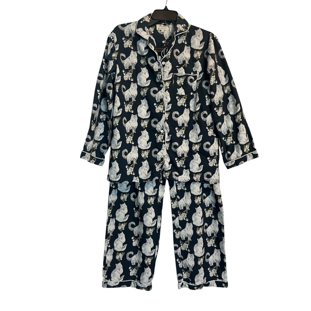 MAHOGANY  Pajama Set Size S Top & Pants Gray Cat Print Long Sleeve Cotton